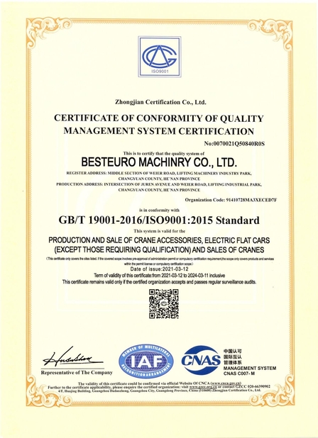 China Bestaro Machinery Co.,Ltd Certificações